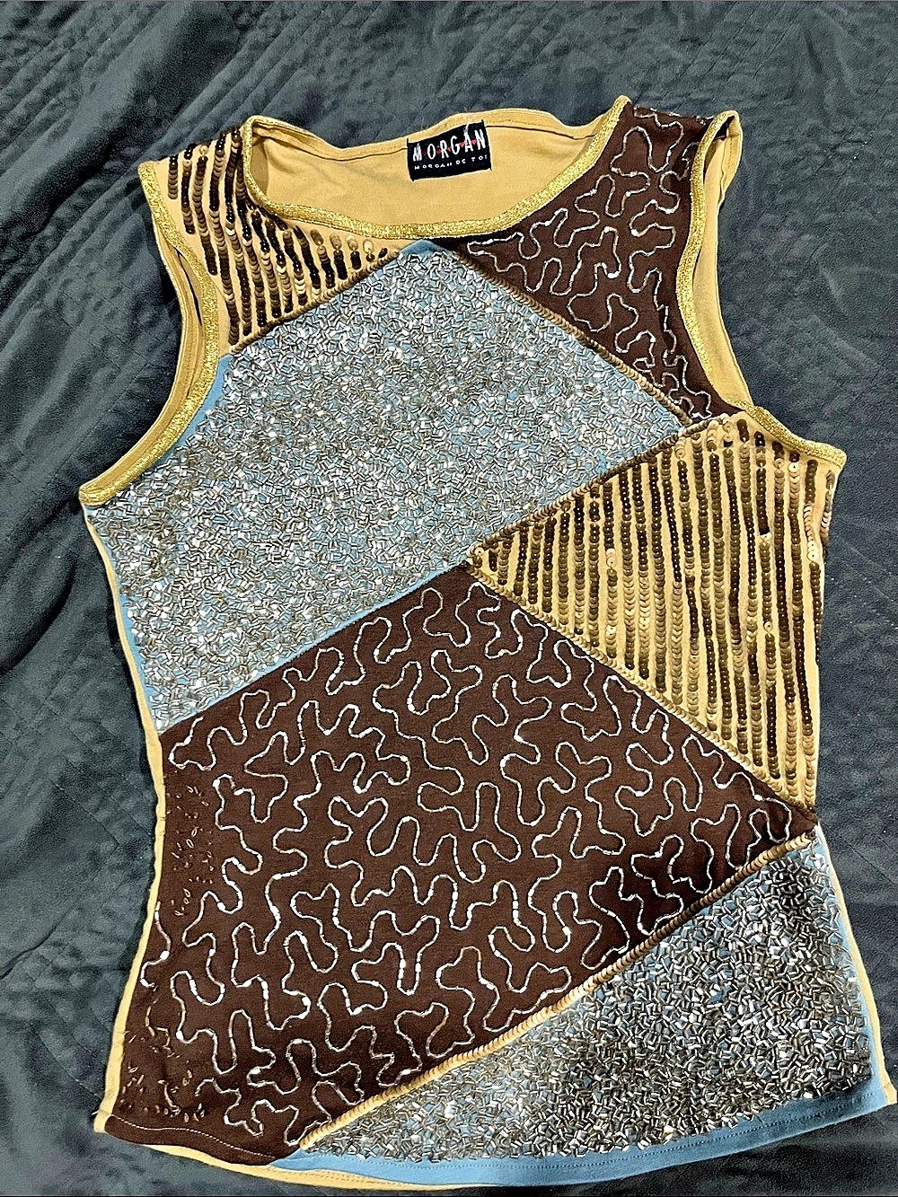 MORGAN Beaded Sequin Patchwork Tank in Brown & Blue